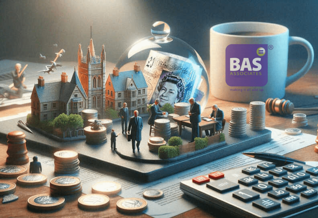 A creative representation of a financial theme with miniature figures, stacks of coins, calculator, and a coffee mug with the BAS Associates logo on a desk.